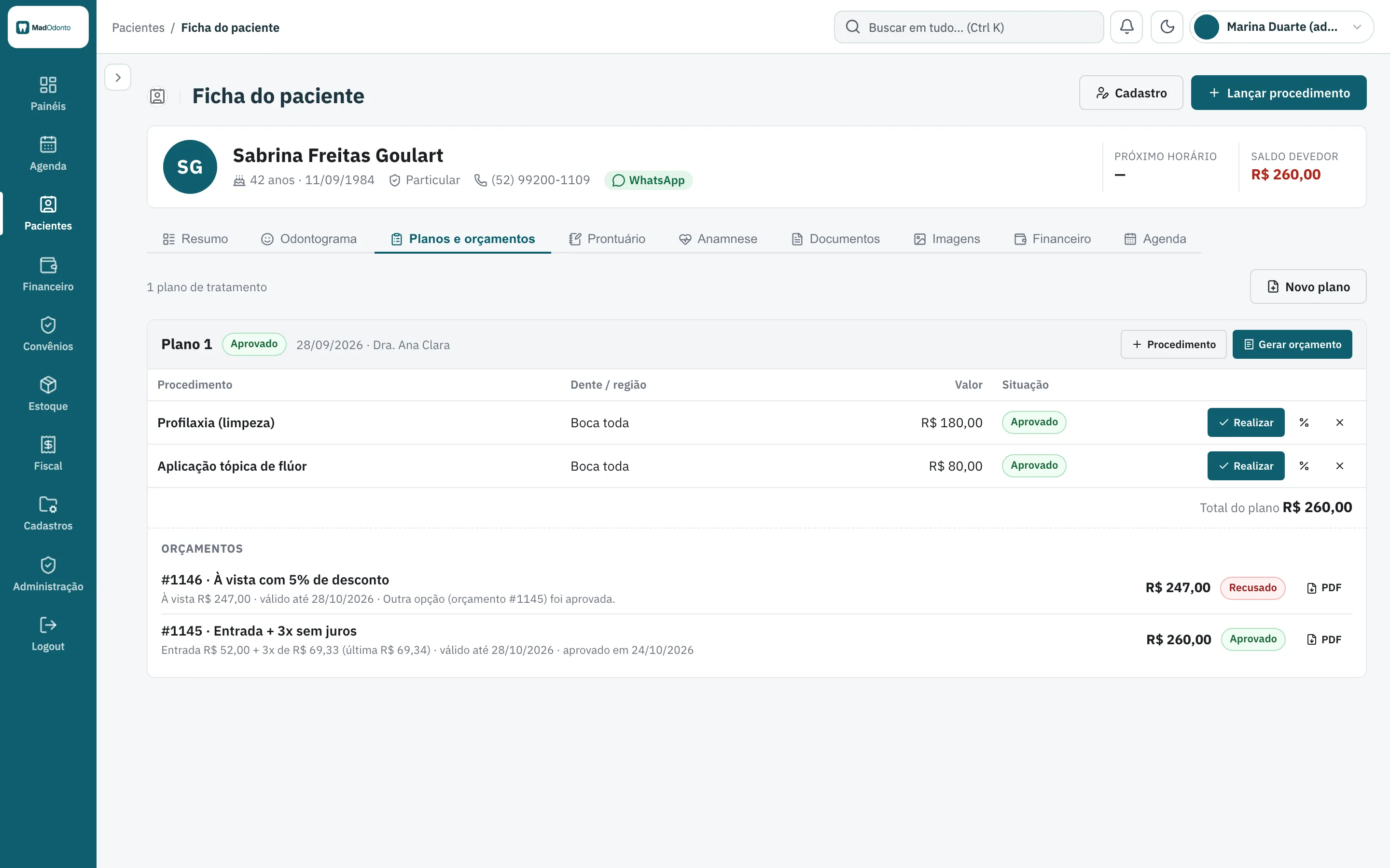 Plano de tratamento com o orçamento aprovado pelo paciente e a outra opção recusada, cada um com PDF