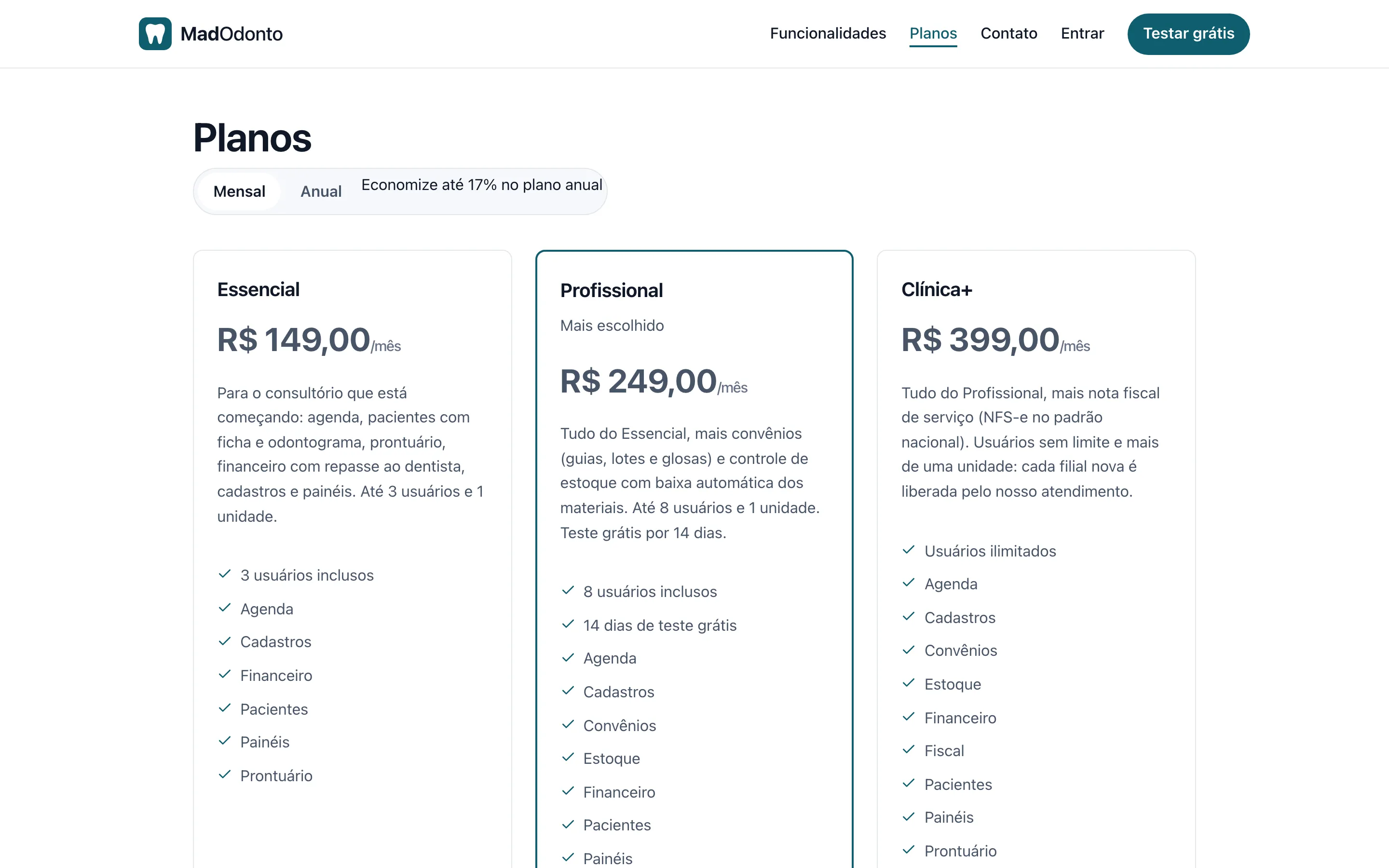 Site público do MadOdonto com os planos por módulo e o teste grátis para a clínica nova