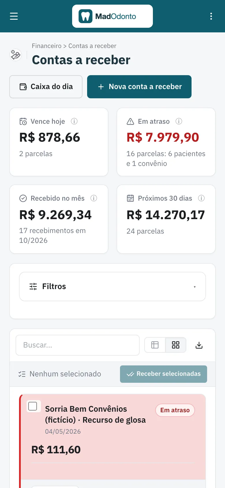 Contas a receber no celular: vence hoje, em atraso, recebido no mês e próximos 30 dias