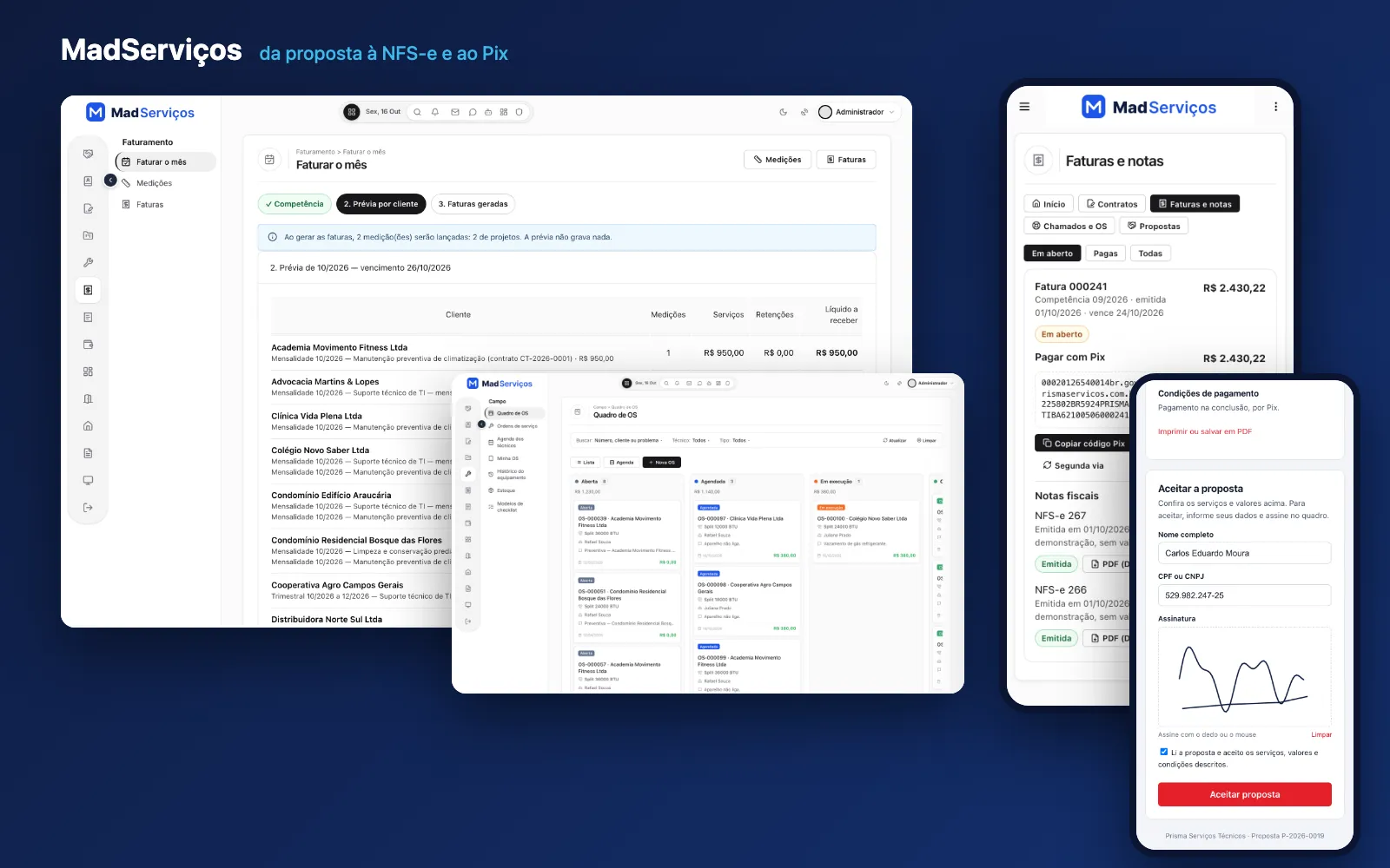 Sistema para empresa de serviços MadServiços: Faturar o mês, quadro de ordens de serviço e o portal do cliente com Pix no celular