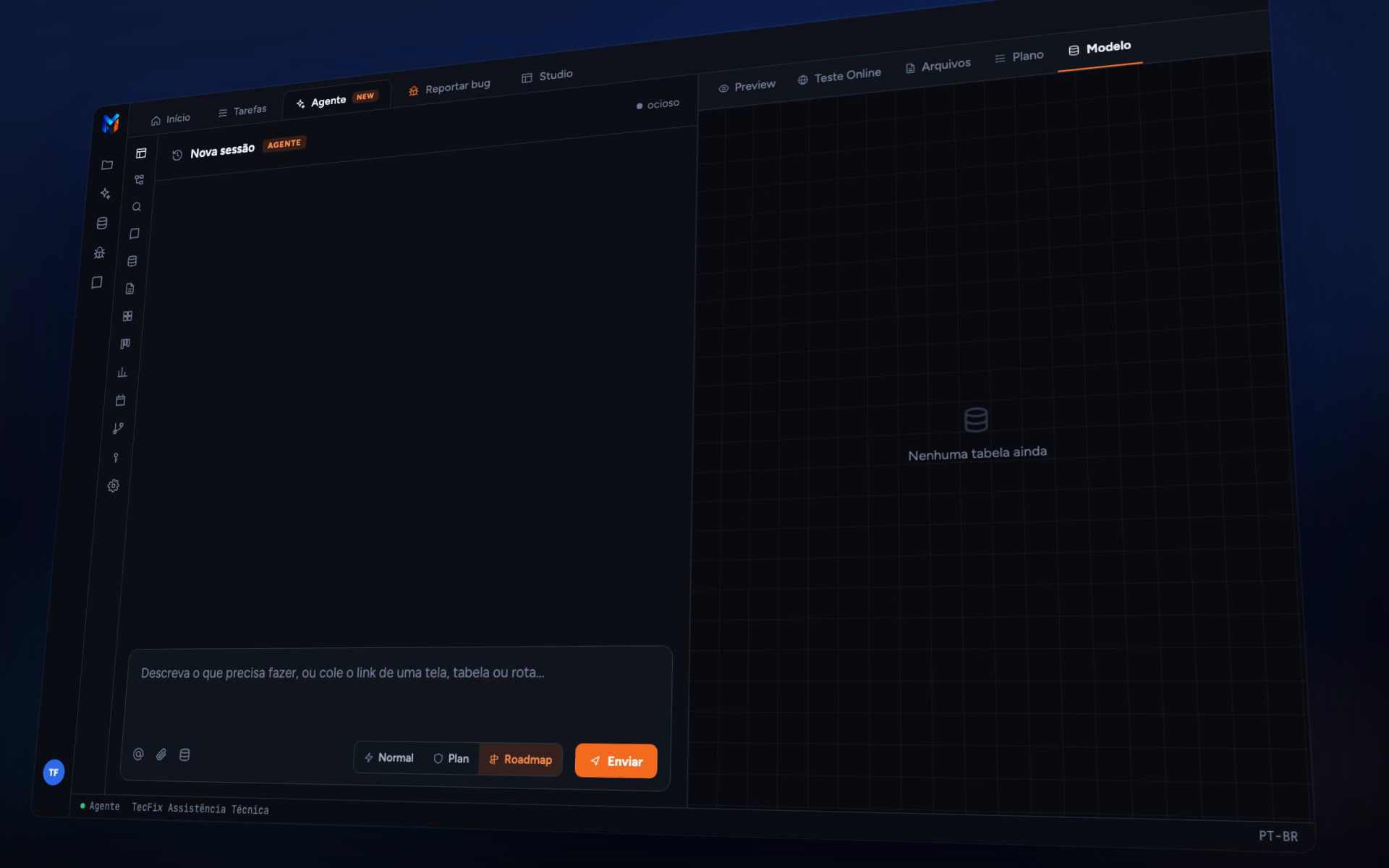 Animação do MadBuilder: alguém pede no chat do agente um sistema de ordens de serviço; o agente cria as tabelas e as telas, testa o cadastro no Teste Online e corrige um critério que falhou; um campo é arrastado no editor visual; e o sistema aparece pronto, com dashboard, kanban, versão de celular e publicado no MadCloud.