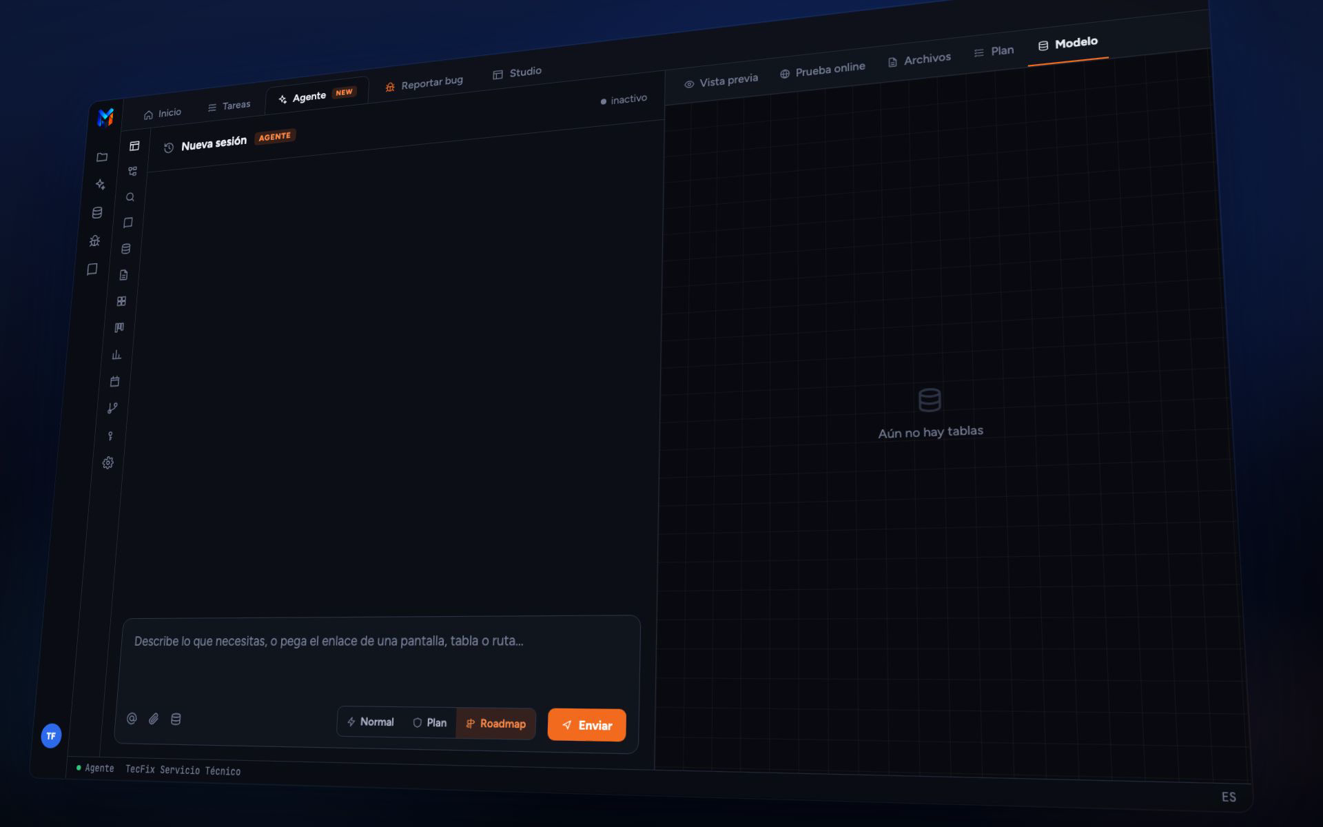 Animación de MadBuilder: alguien le pide al chat del agente un sistema de órdenes de servicio; el agente crea las tablas y las pantallas, prueba el registro en la Prueba online y corrige un criterio que falló; se arrastra un campo en el editor visual; y el sistema aparece listo, con dashboard, kanban, versión para celular y publicado en MadCloud.