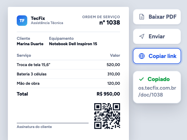 PDF da ordem de serviço 1038 com os serviços, o total de R$ 950,00, a linha de assinatura e o QR code, ao lado dos botões Baixar, Enviar e Copiar link