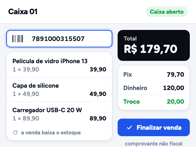 Frente de caixa com três acessórios no carrinho, total de R$ 179,70 pago em Pix e dinheiro, troco de R$ 20,00