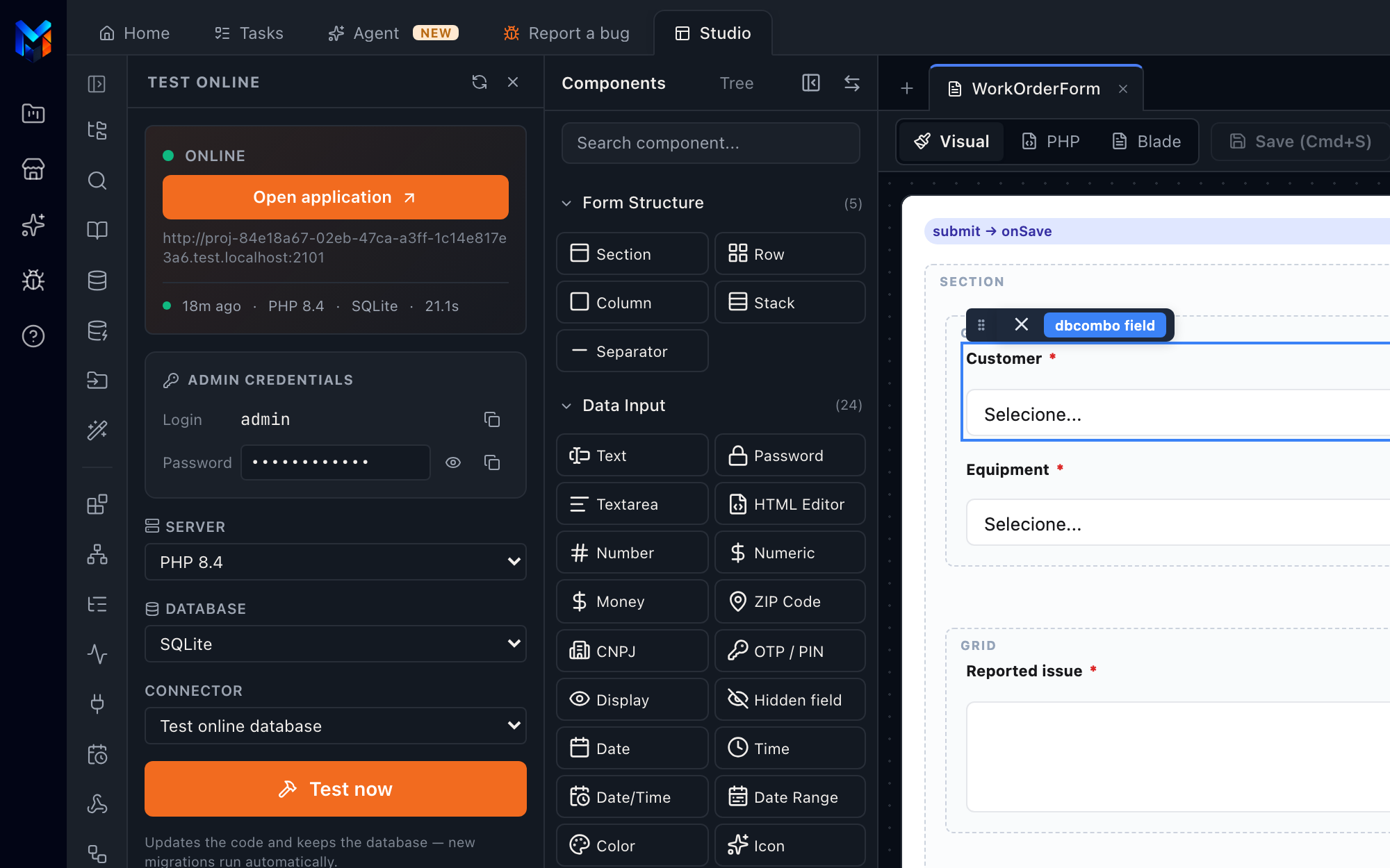 Online Test panel with the environment live, PHP 8.4 and SQLite
