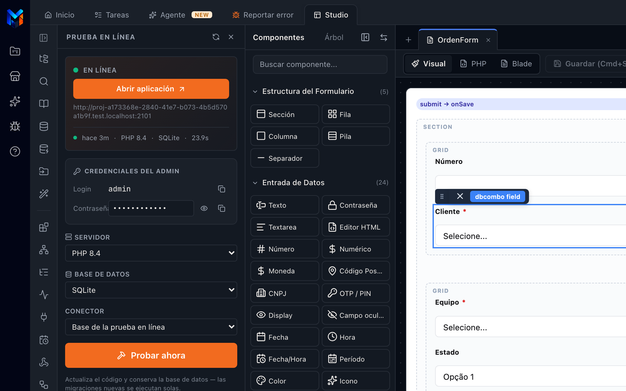 Panel de Prueba online con el entorno en línea, PHP 8.4 y SQLite