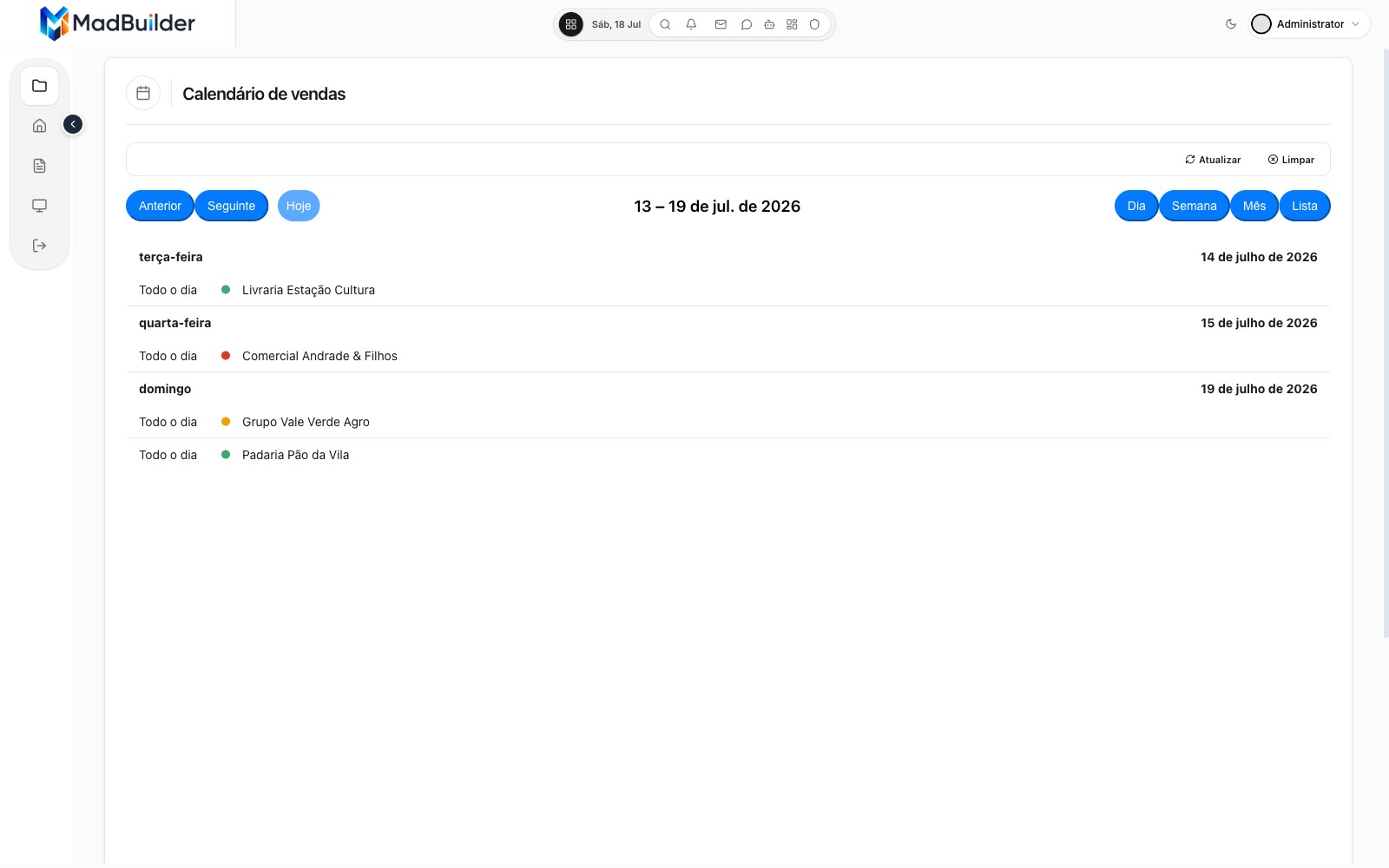 Visão em lista do calendário de vendas