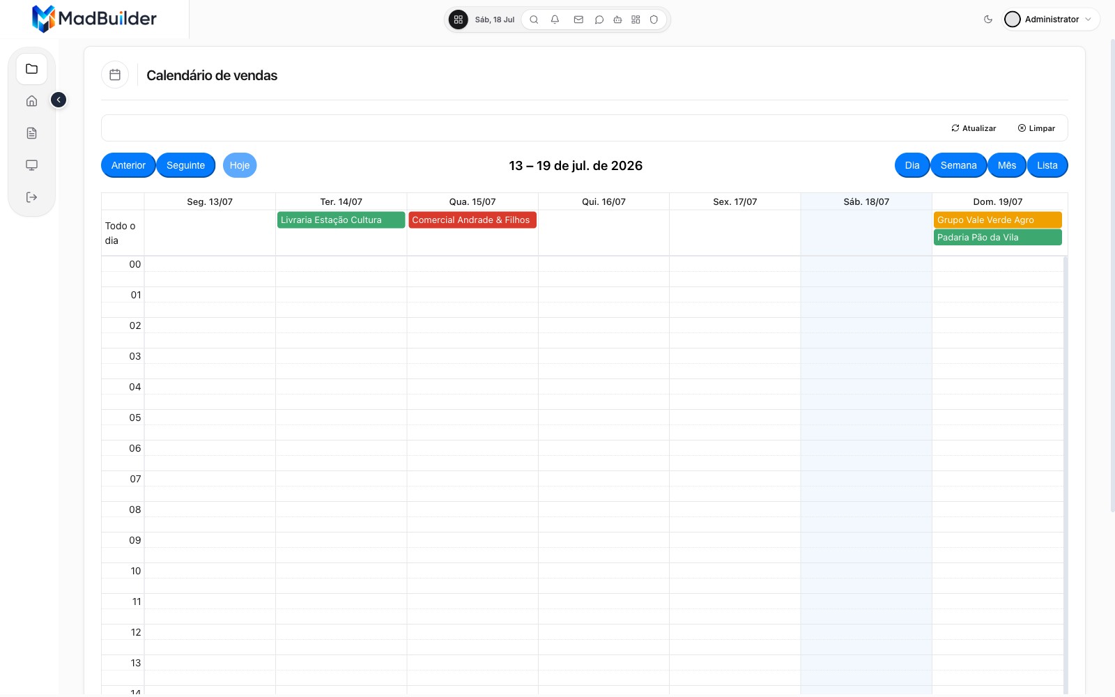 Visão semanal do calendário de vendas
