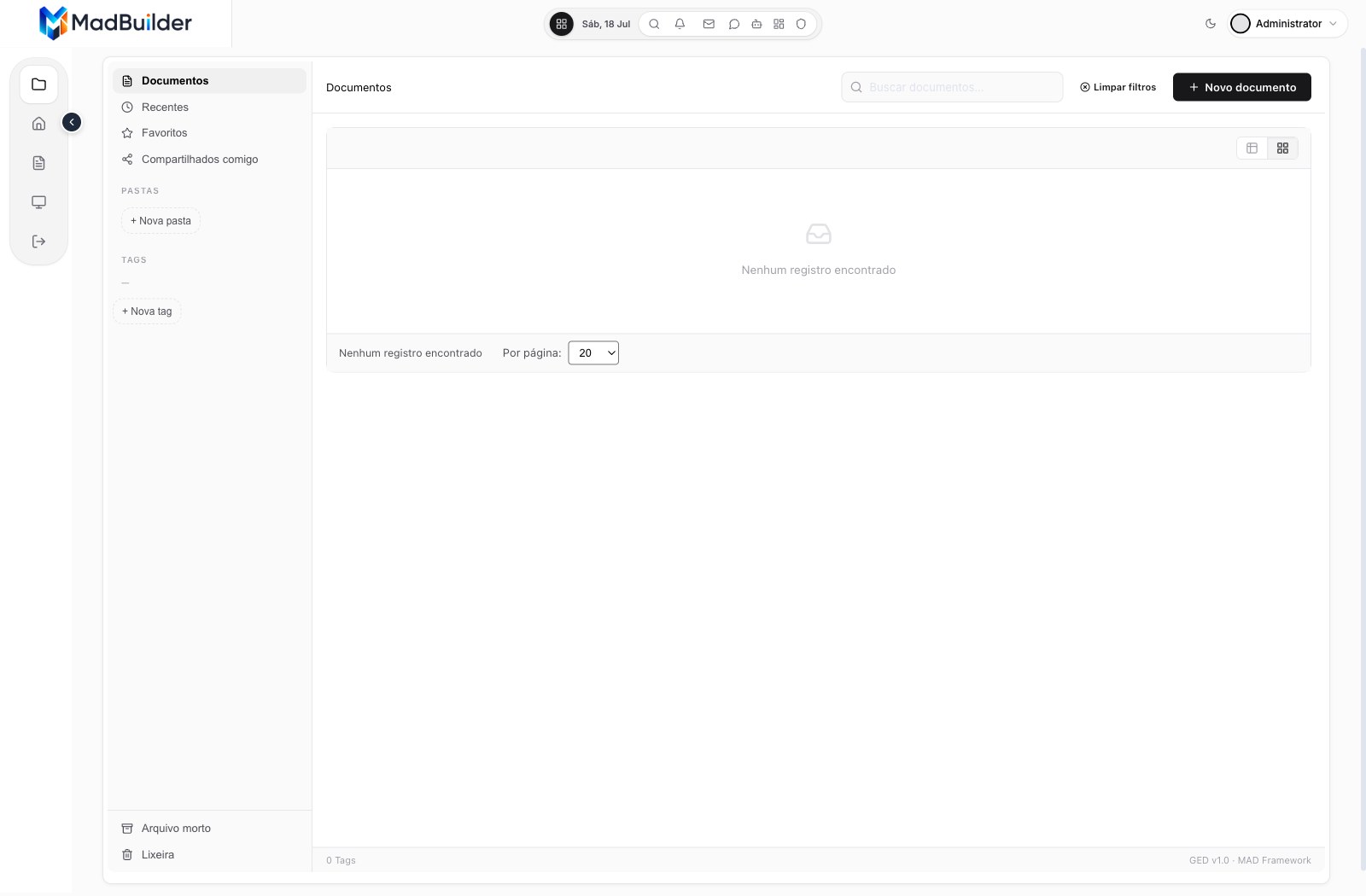 Central de documentos do app gerado, com menu de recentes, favoritos, pastas, tags e lixeira