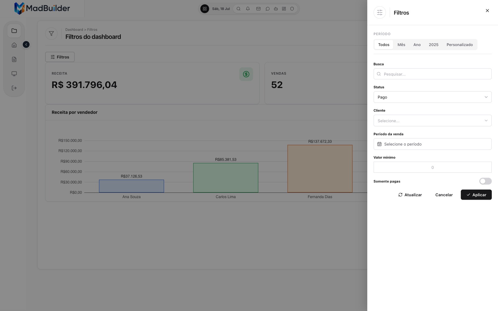 Filtros do dashboard num painel lateral