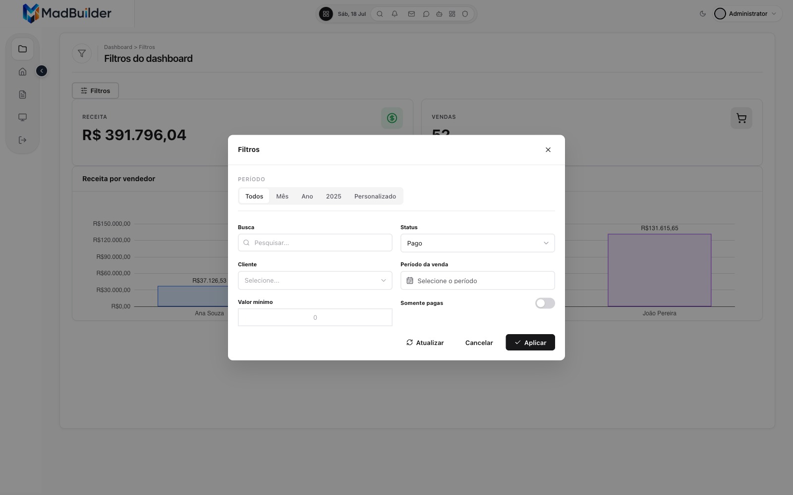 Filtros do dashboard numa janela central