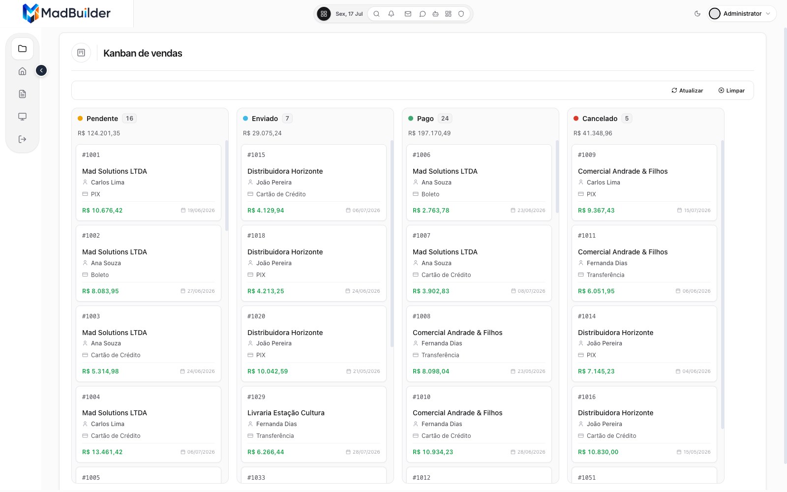 Kanban de vendas com 4 colunas por status, contagem e soma em reais por coluna