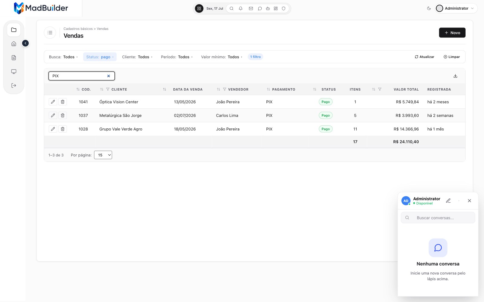 Search for PIX in the sales list view
