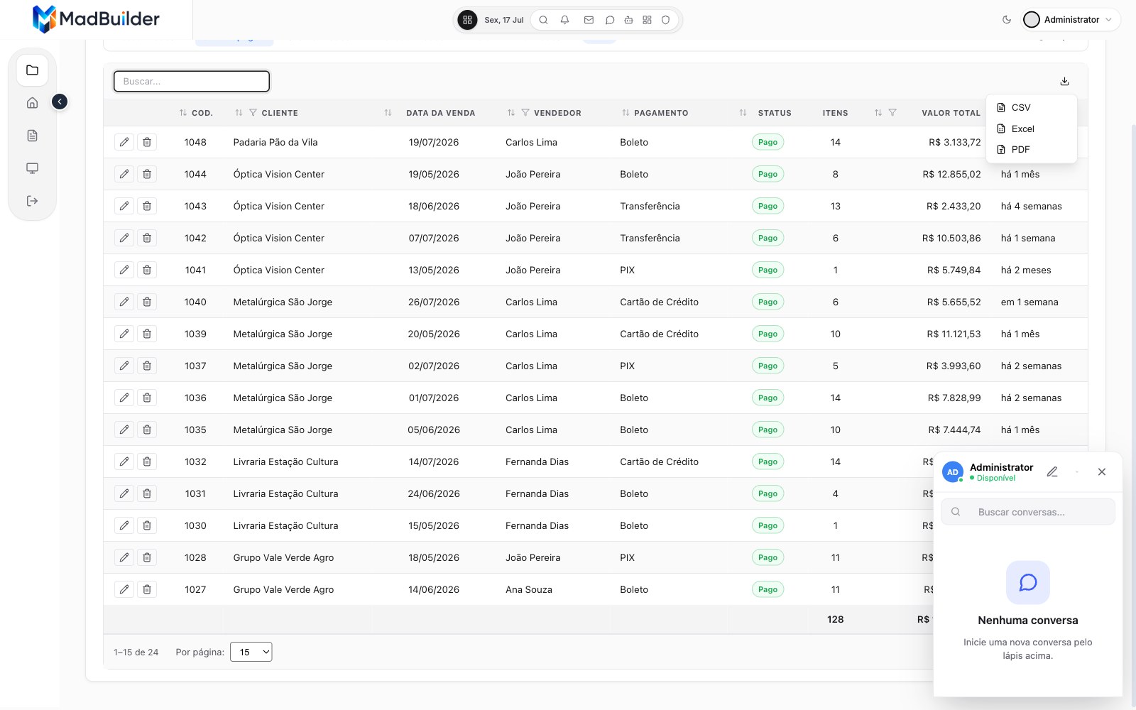Export menu with CSV, Excel and PDF