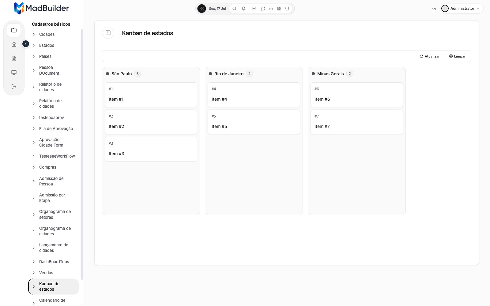 Quadro Kanban gerado pelo MadBuilder