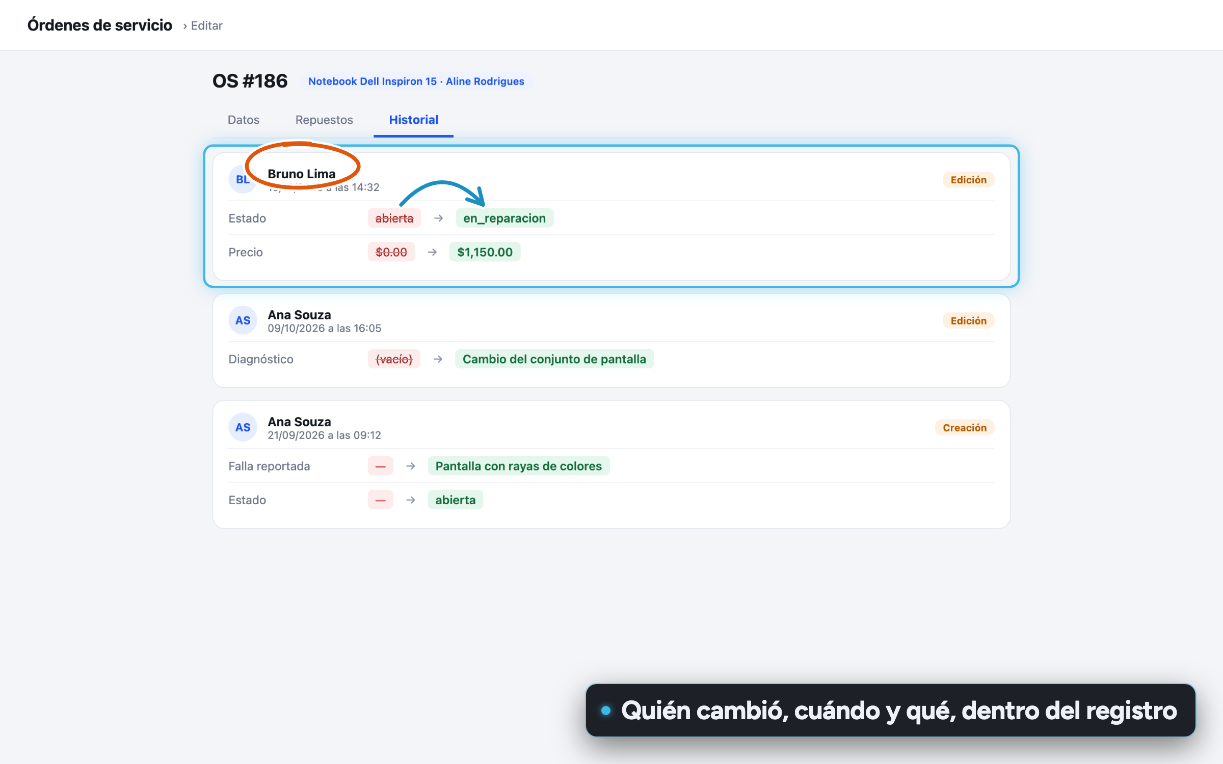Pestaña Historial del formulario de OS con tarjetas de cambio que muestran quién cambió, cuándo y los valores anterior y nuevo