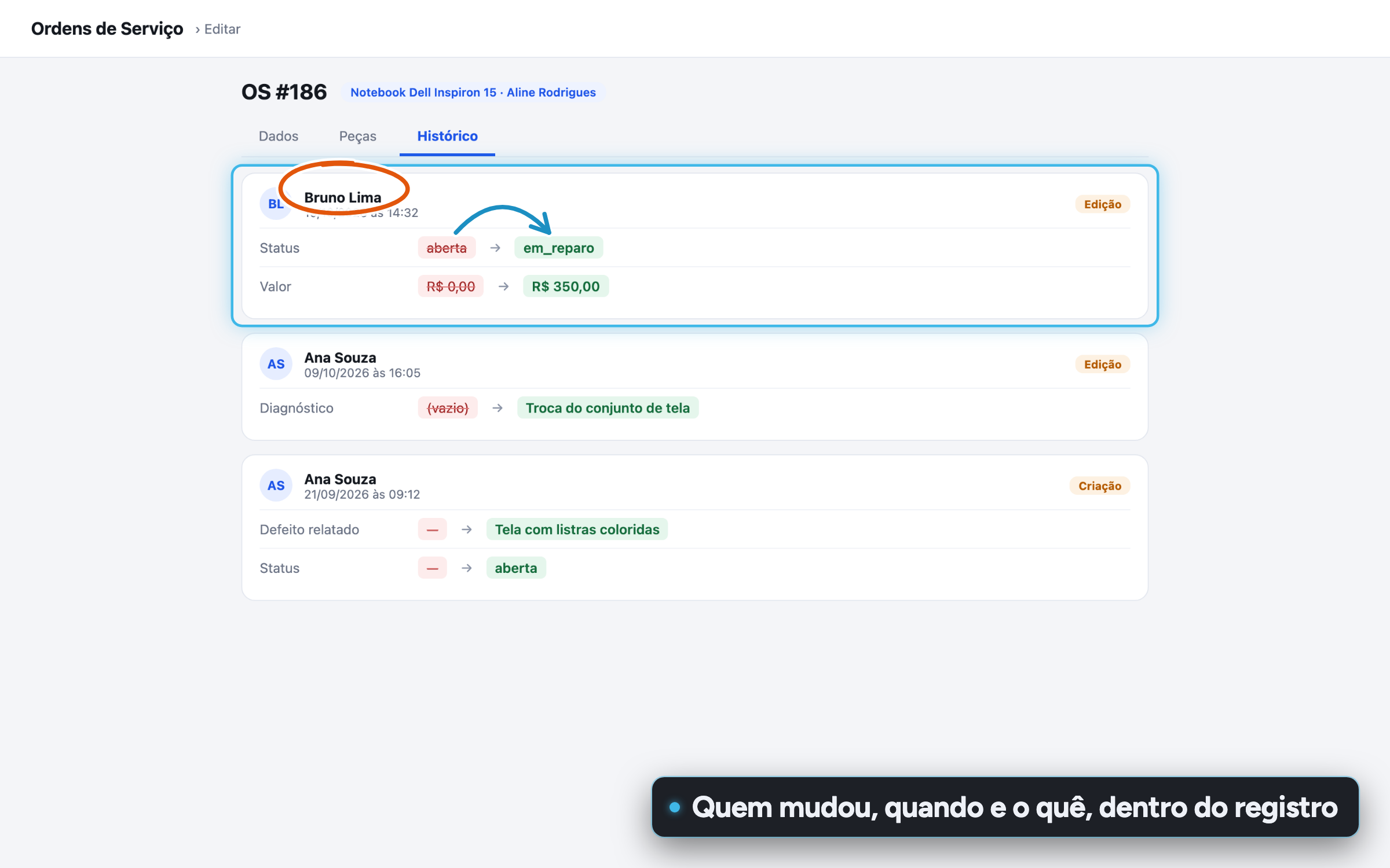 Aba Histórico do formulário de OS com cards de alteração mostrando quem mudou, quando e os valores antigo e novo