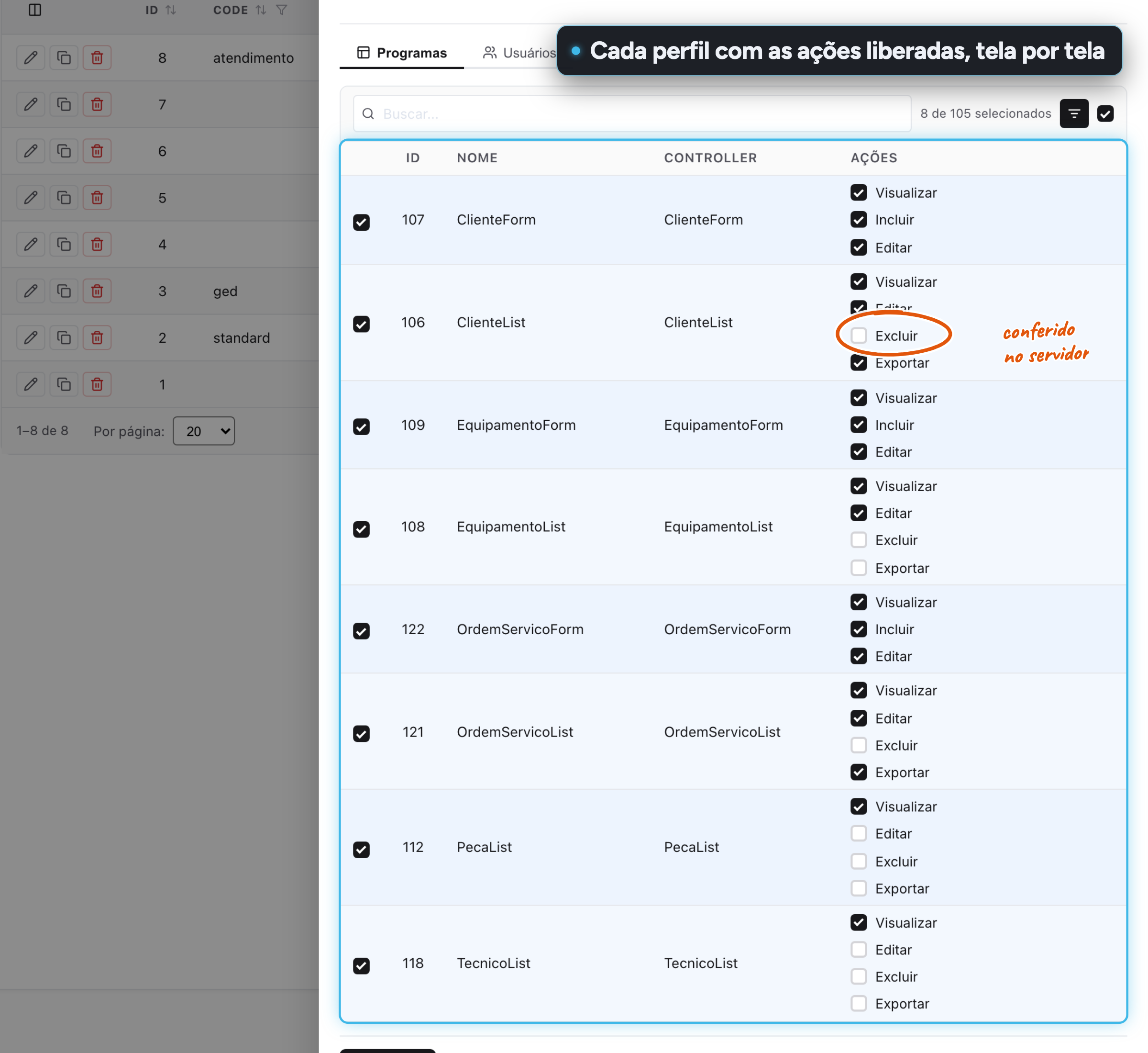 Grupo Atendimento com as ações Visualizar, Incluir, Editar, Excluir e Exportar marcadas tela por tela, com Excluir desmarcado