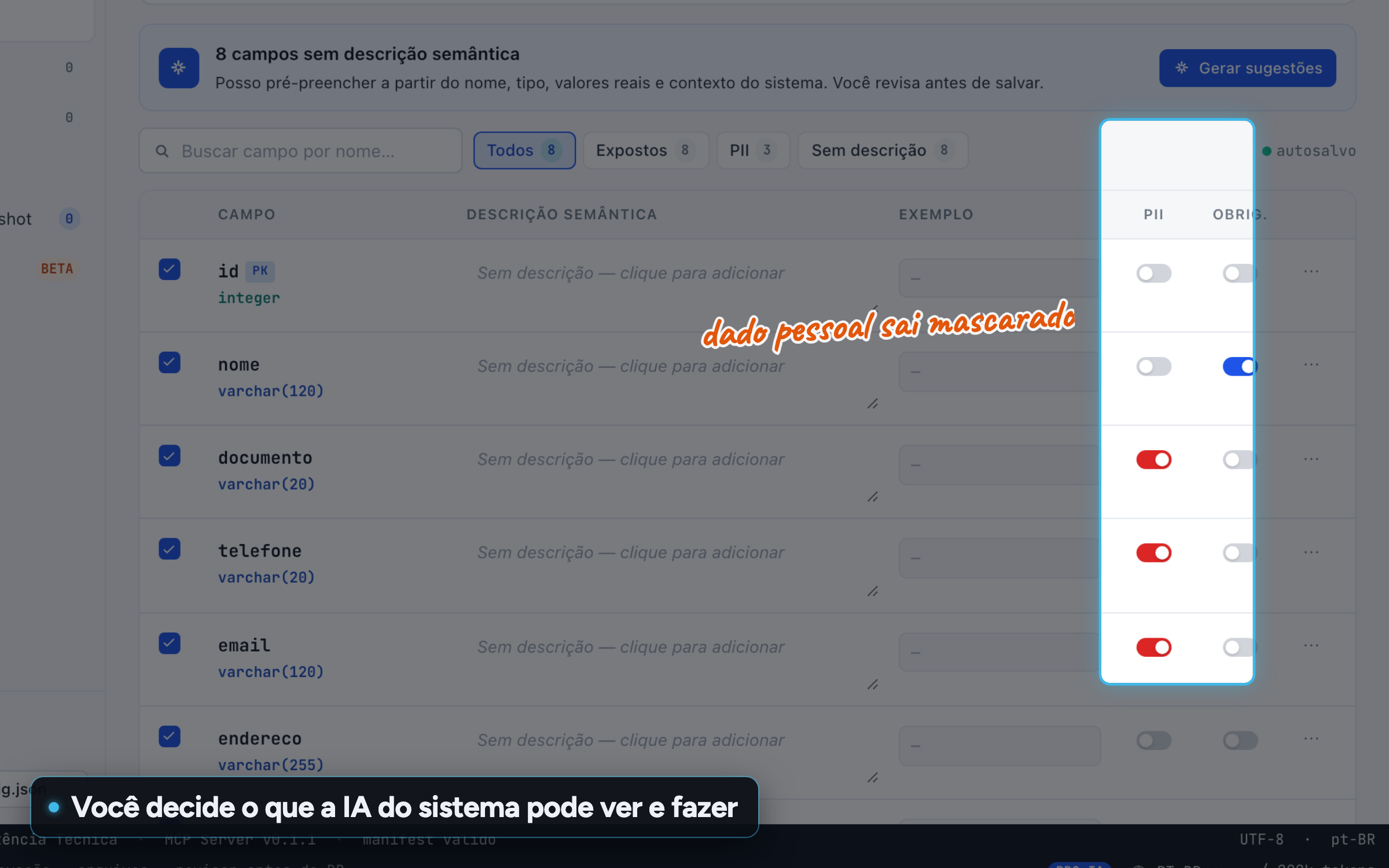 Campos da tabela cliente no servidor MCP com documento, telefone e e-mail marcados como dado pessoal (PII)