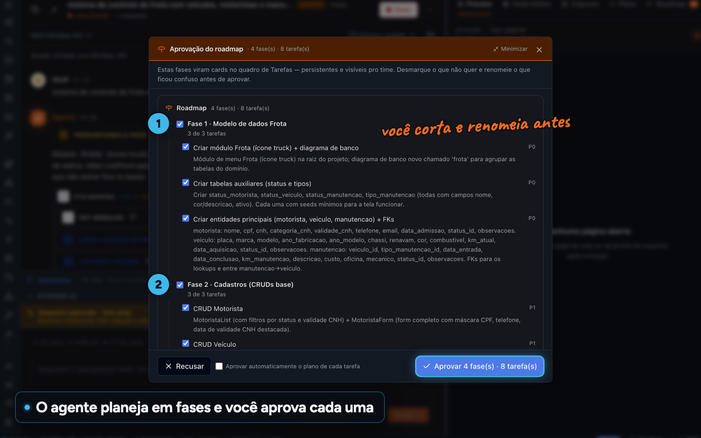 Aprovação do roadmap no Agente de IA: sistema de frota em 4 fases e 8 tarefas, com tarefas marcadas e botão Aprovar