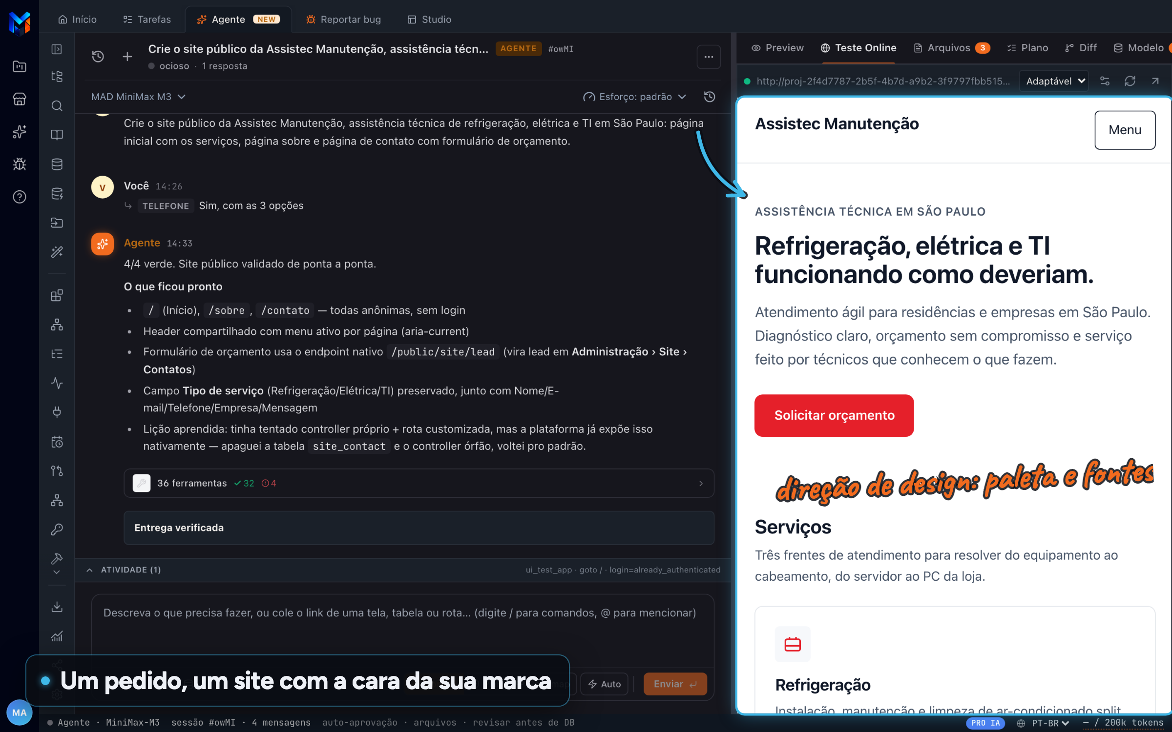 Sessão do Agente de IA com o pedido de um site de assistência técnica e, ao lado, o site pronto rodando no Teste Online