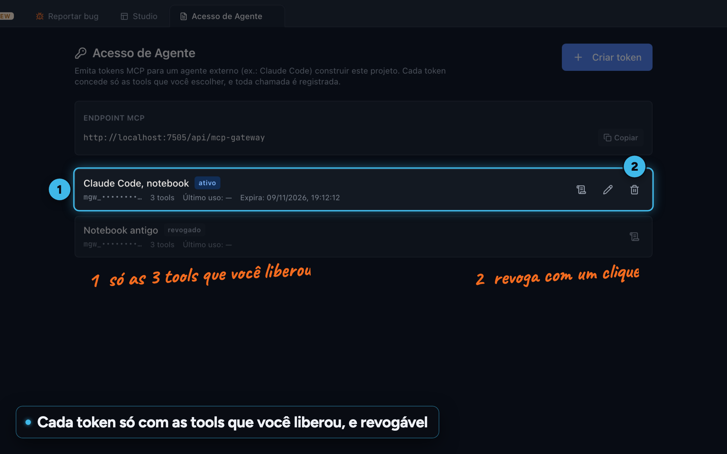 Lista de tokens do Acesso de Agente com um token ativo de 3 tools e outro revogado, tokens mascarados