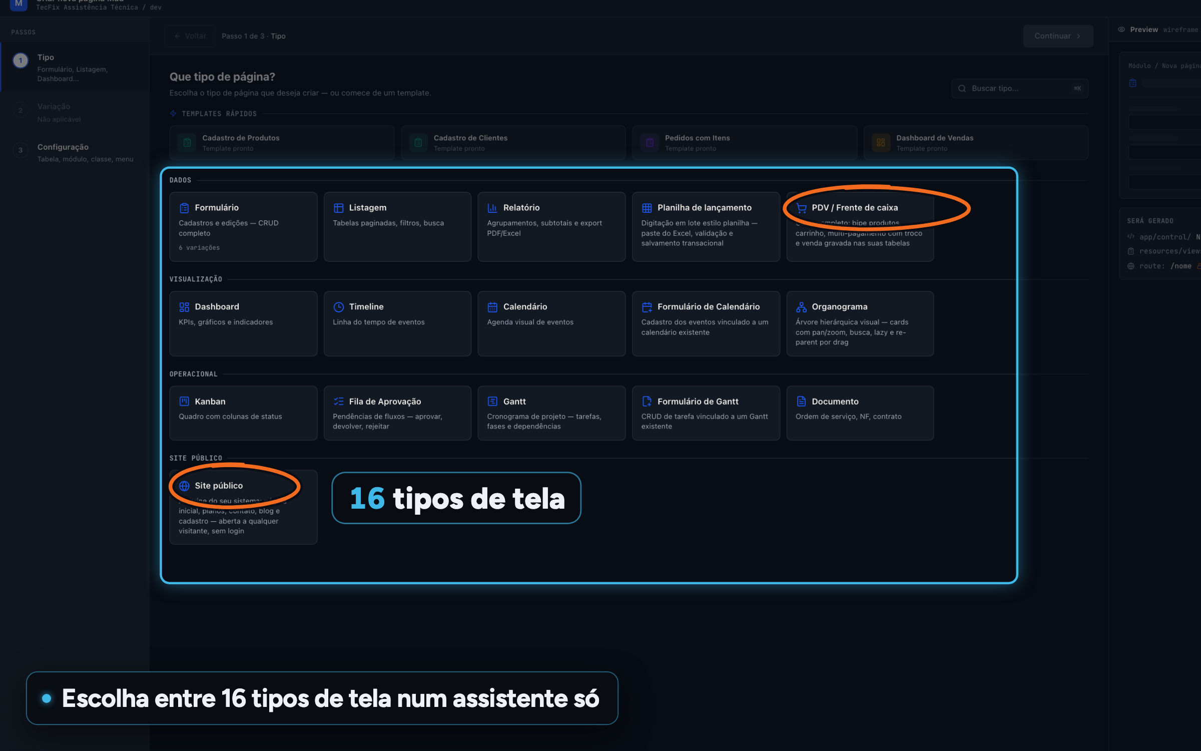 Assistente Nova tela com os 16 tipos em quatro grupos: Dados, Visualização, Operacional e Site público