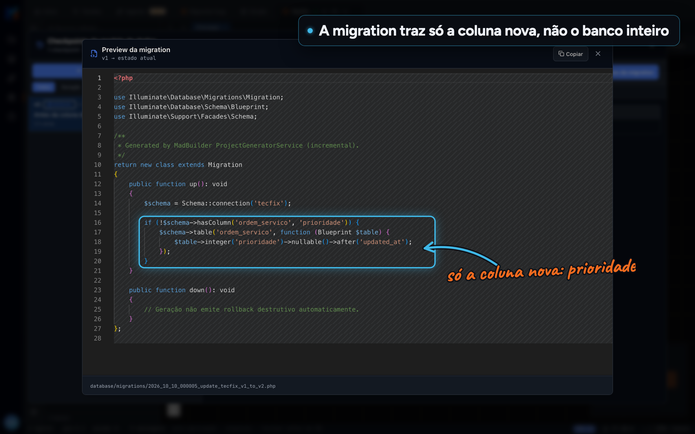 Preview da migration incremental com apenas a coluna prioridade nova
