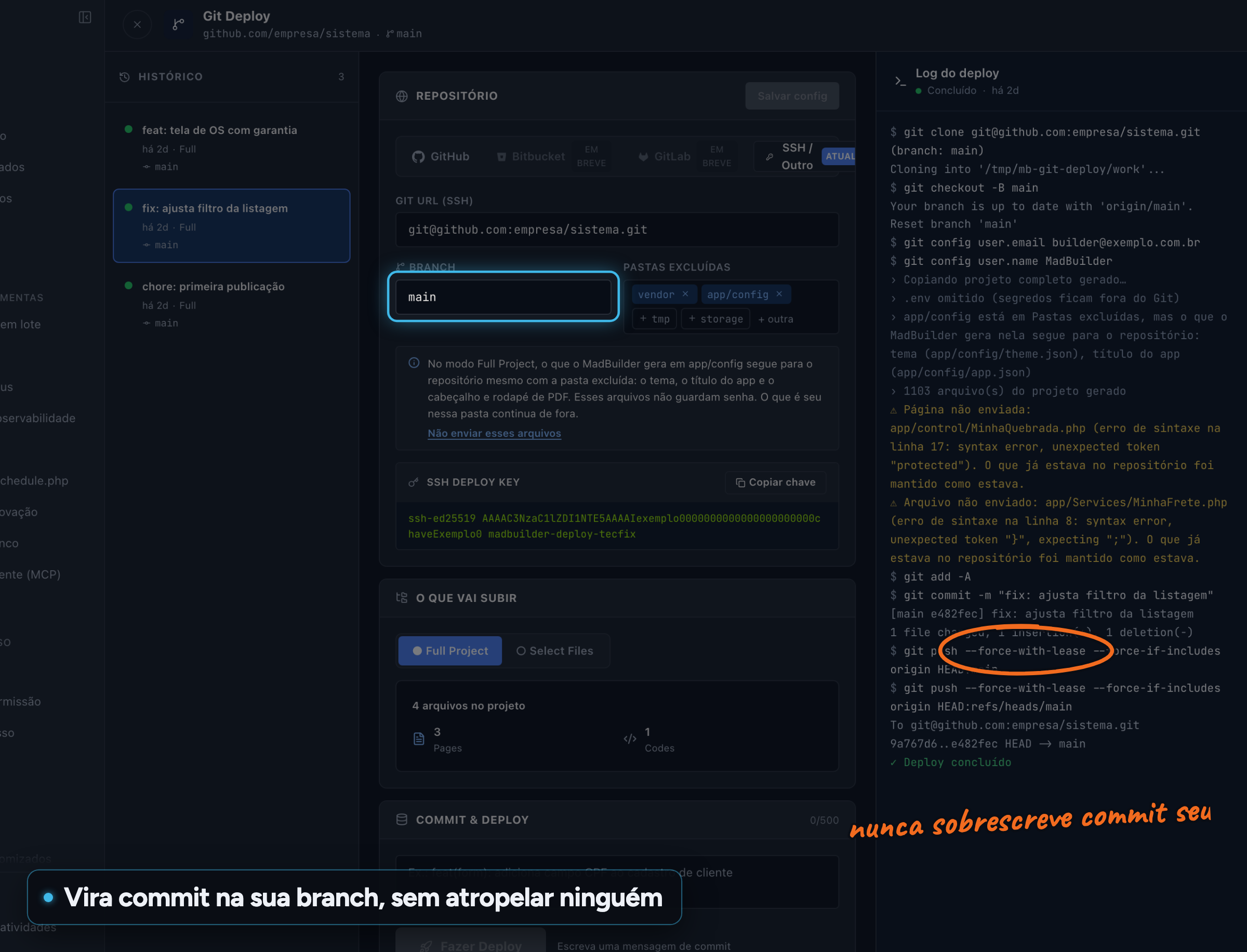 Git Deploy do MadBuilder com a branch main, o histórico de publicações e o log do push que não sobrescreve commits