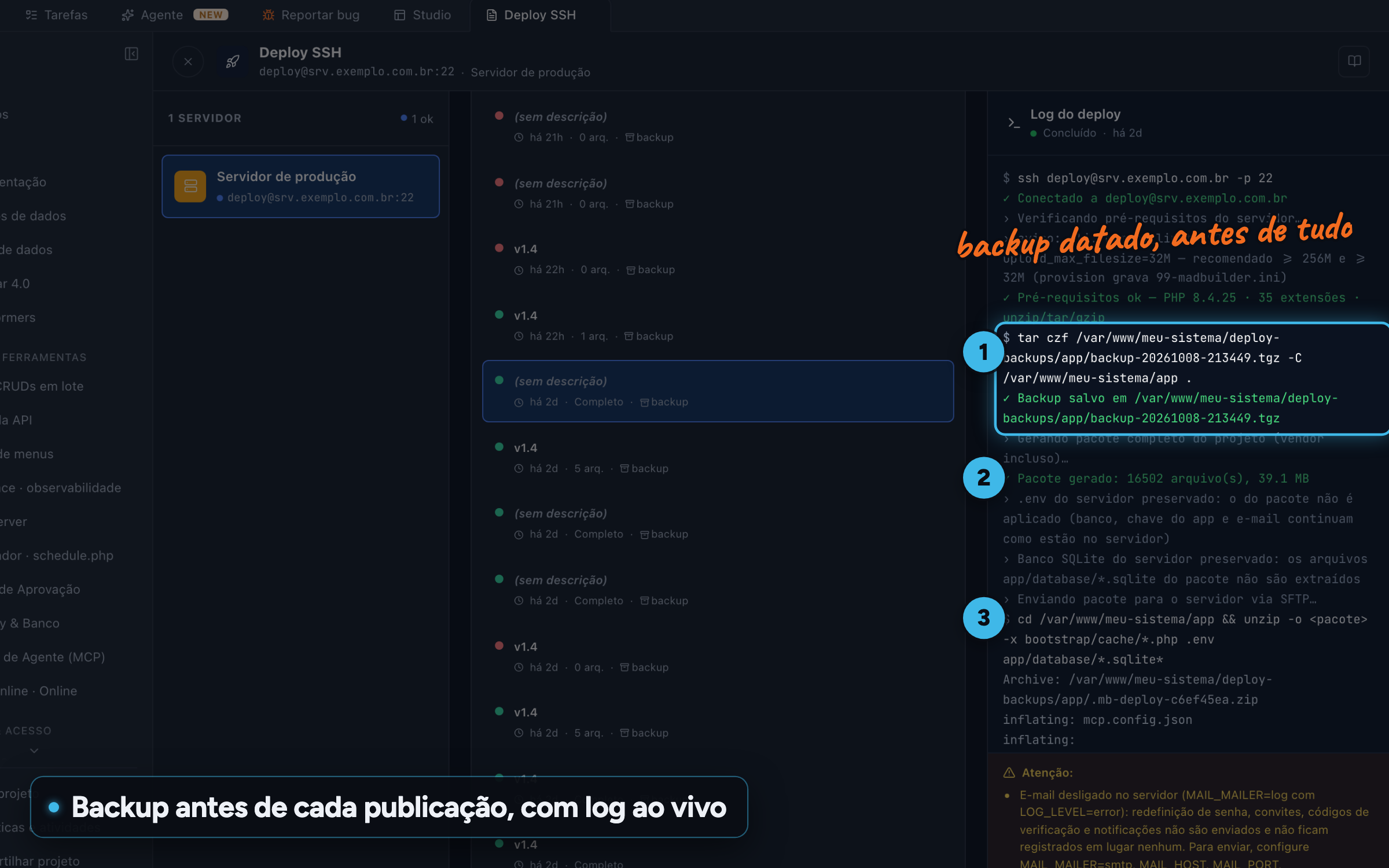 Deploy SSH do MadBuilder com o log concluído: backup datado do servidor, pacote enviado e .env preservado