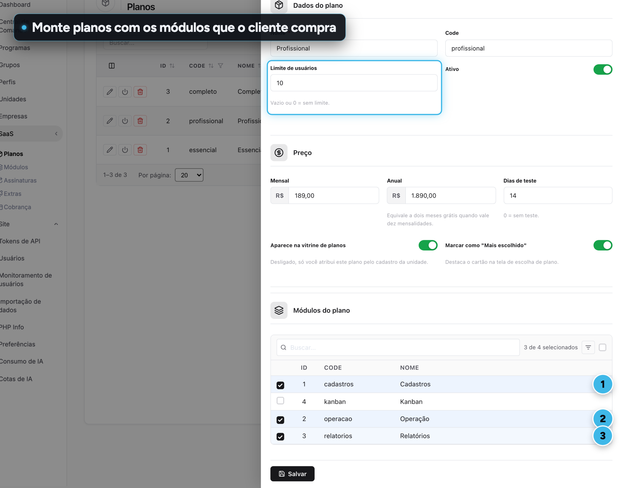 Formulário do plano Profissional com limite de usuários, preços mensal e anual, dias de teste e três módulos marcados