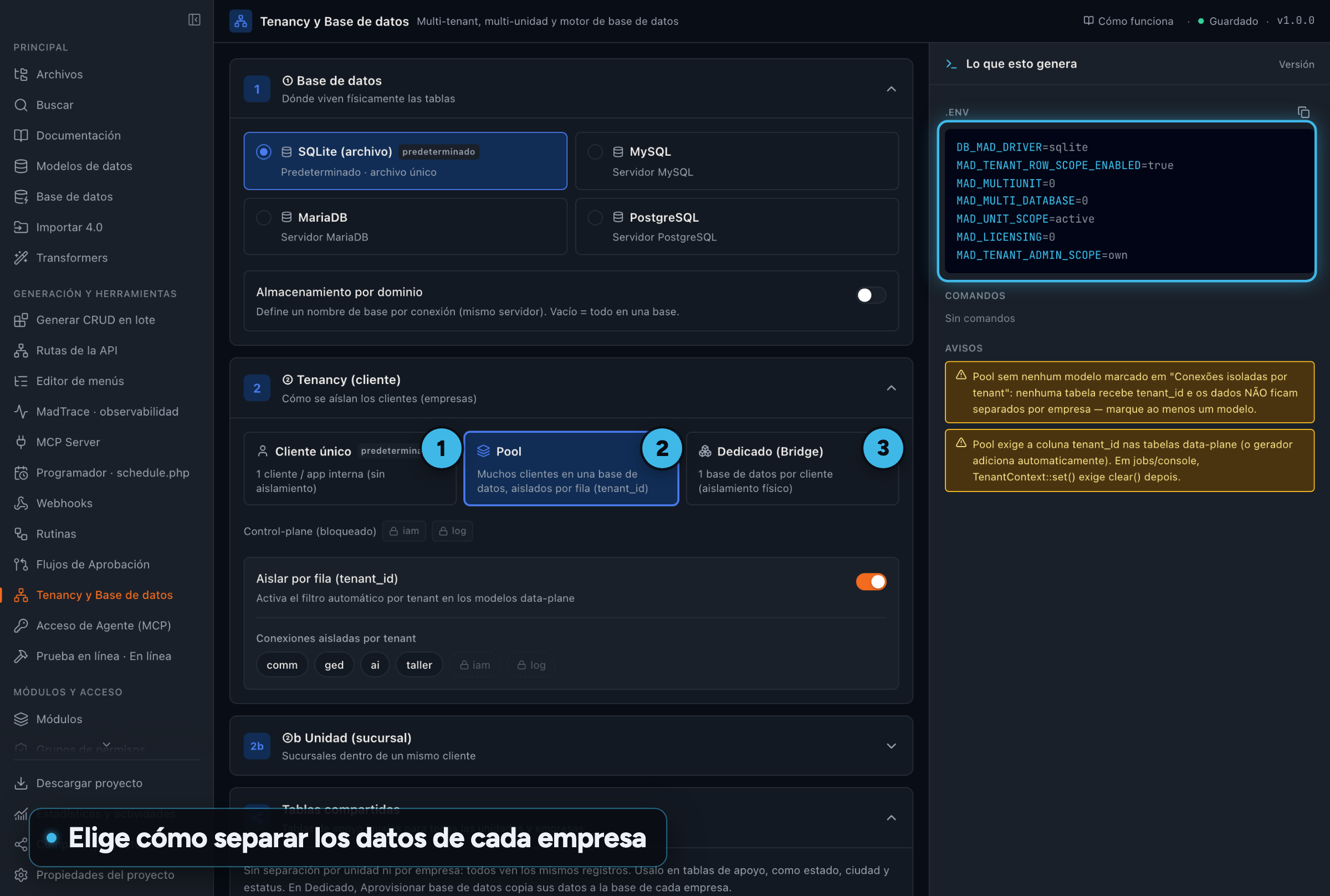 Studio, pantalla Tenancy y Base de datos, con los tres modos Cliente único, Pool y Dedicado numerados y la vista previa del .env que se generará