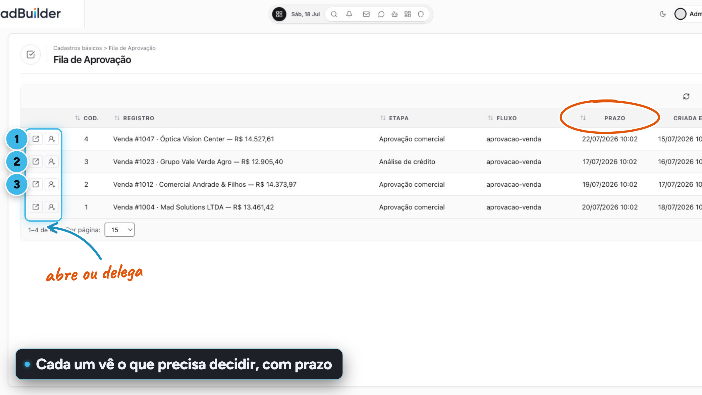 Fila de aprovação com as pendências do usuário e os botões para abrir ou delegar