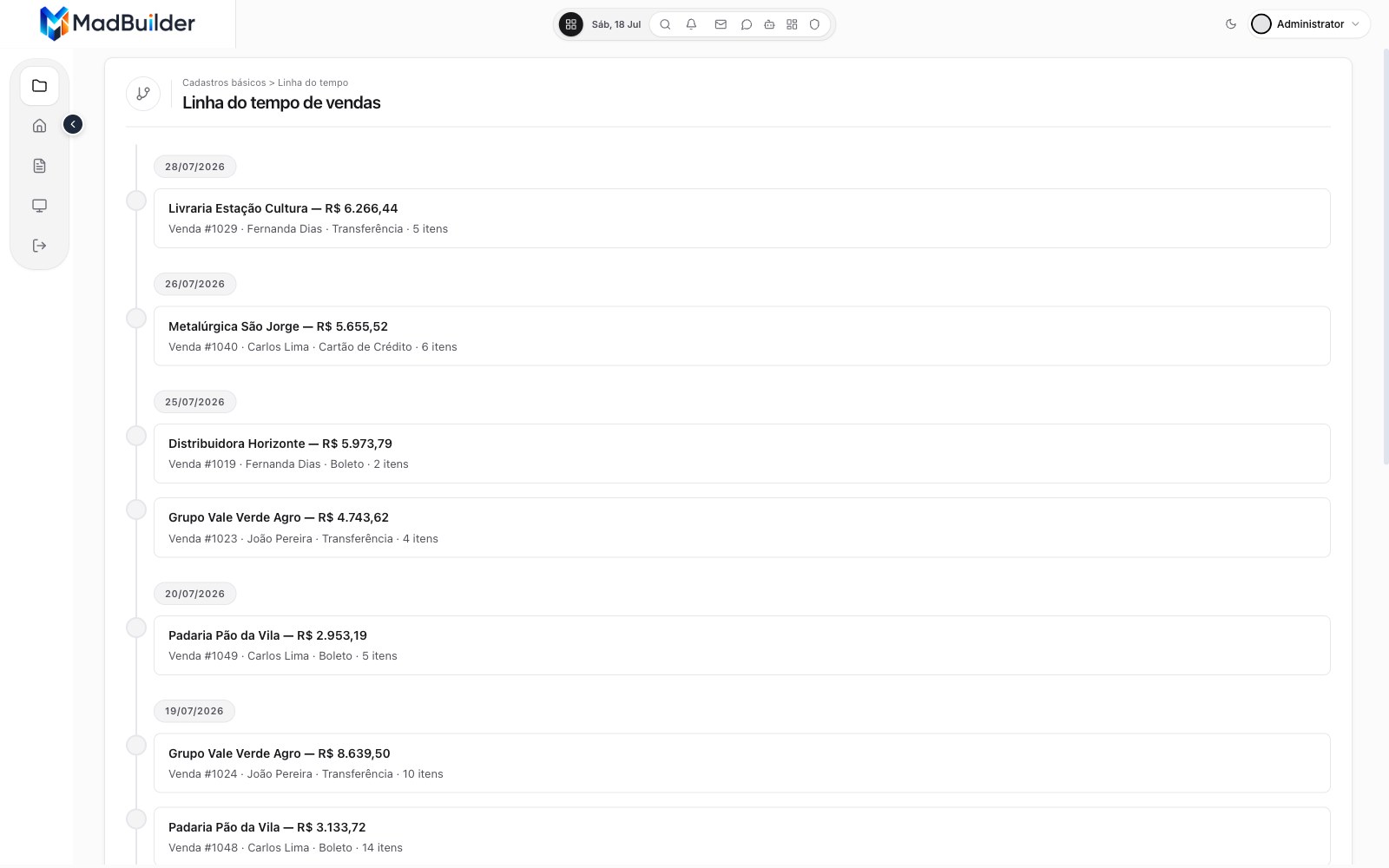 Linha do tempo de vendas agrupada por data, com cliente, valor, vendedor e forma de pagamento em cada entrada